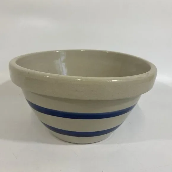 Vtg‎ ROSEVILLE POTTERY STONEWARE MIXING BOWL Blue Stripes 7” Farmhouse - Picture 2 of 7
